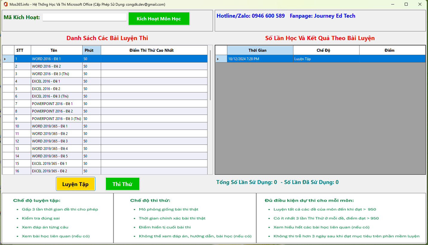 Phần mềm MOS365 — danh sách bài luyện thi Word, Excel, PowerPoint kèm điểm thi thử, số lần học và kết quả theo bài luyện
