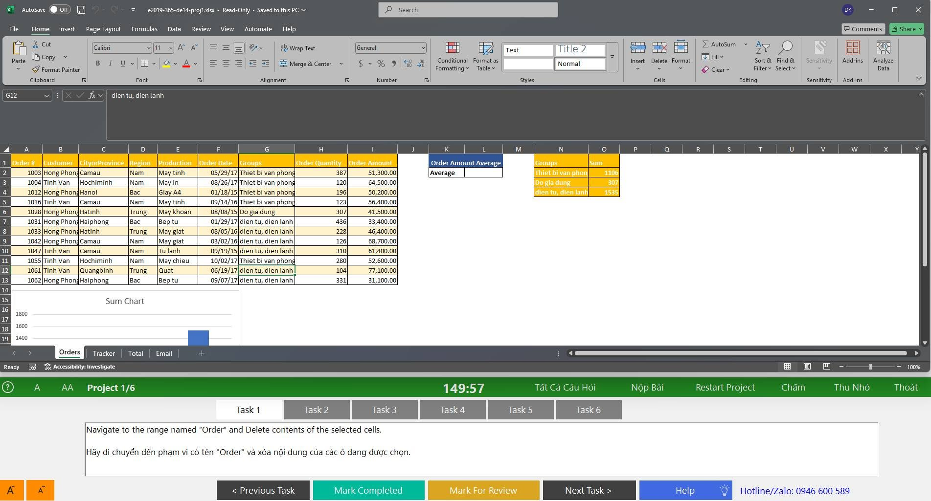 Luyện đề MOS Excel — bảng Orders với PivotTable nhóm hàng, đồng hồ đếm ngược 149:57 và nút chấm điểm
