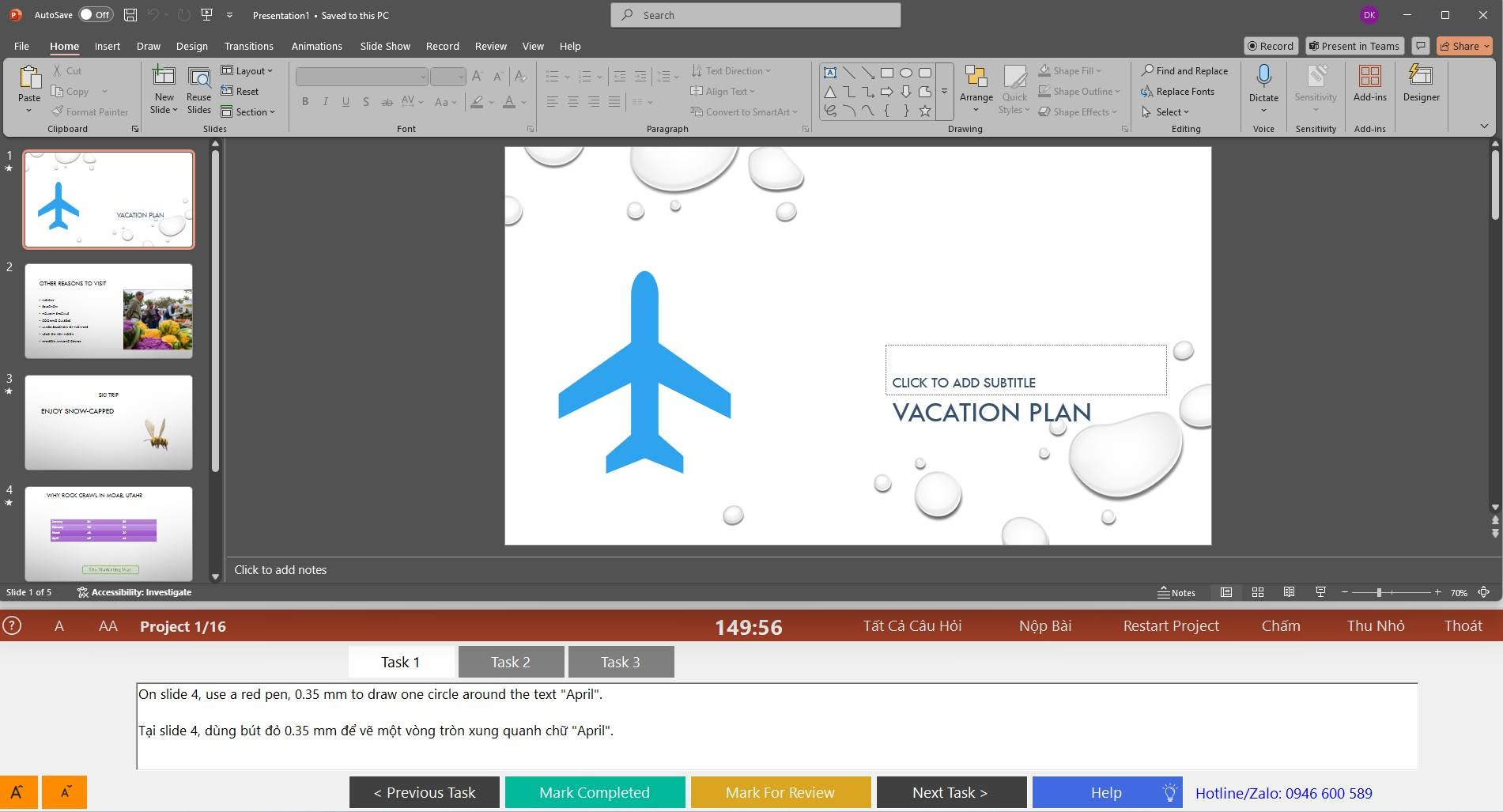 Luyện đề MOS PowerPoint — slide Vacation Plan với đồng hồ đếm ngược 149:56 và nút chấm điểm